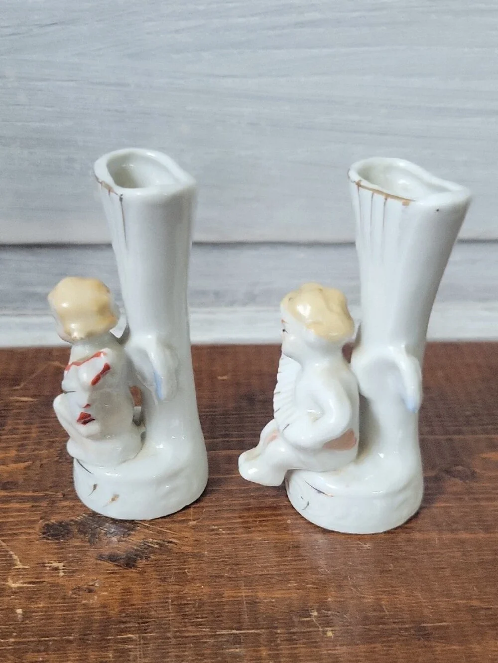 Vintage Mid Century Porcelain Cherub Angel Musician Bud Vases Japan